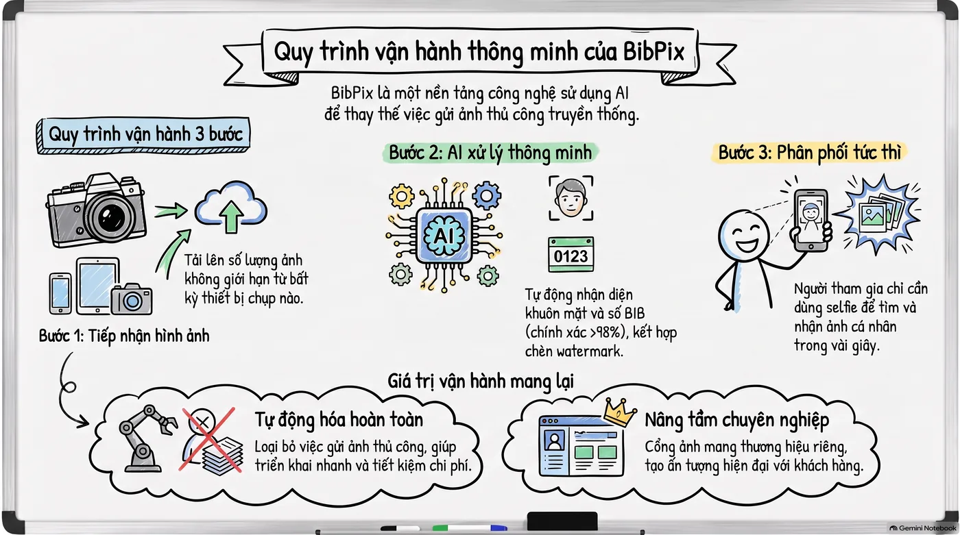 Sơ đồ quy trình 3 bước của nền tảng lọc ảnh AI: tiếp nhận ảnh, AI nhận diện số BIB và khuôn mặt, phân phối ảnh